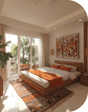Spacious living room in a modern three-bedroom apartment in Cocody, Abidjan, featuring contemporary furniture, a neutral color palette, and floor-to-ceiling windows.